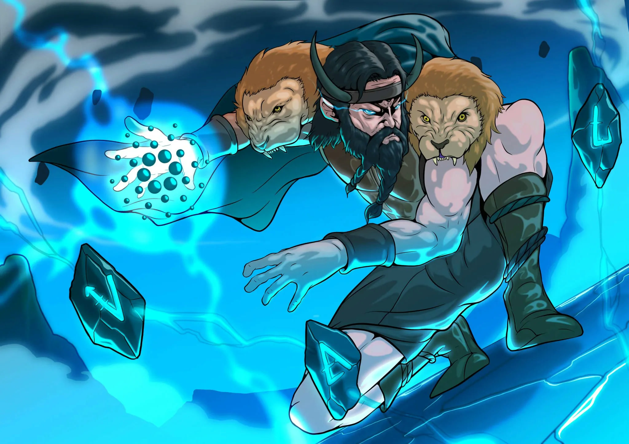The Rune-Caller: a horned Norse warrior wearing two lion pelts, eyes crackling with lightning, holding a glowing Cardano orb while the runestones V, A and L float around him